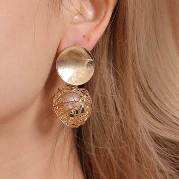 Gold Pearl Nest Drop Earrings - Picture 4 of 13